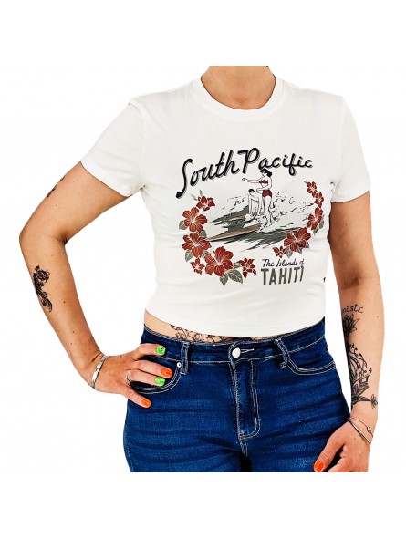 T-shirt femme blanc type croc top imprimé motif tahiti