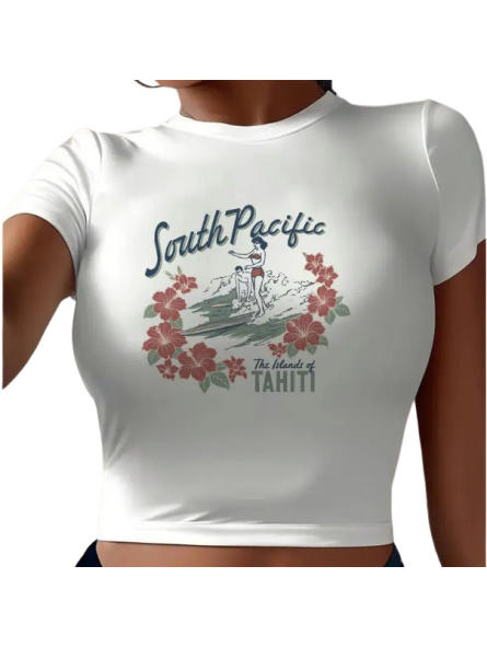 T-shirt femme blanc type croc top imprimé motif tahiti