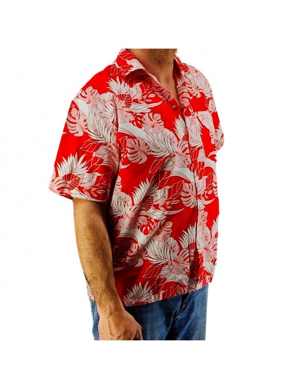 Chemise hawaienne blanche et rouge motif chemin tropical