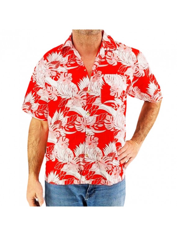 Chemise hawaienne blanche et rouge motif chemin tropical