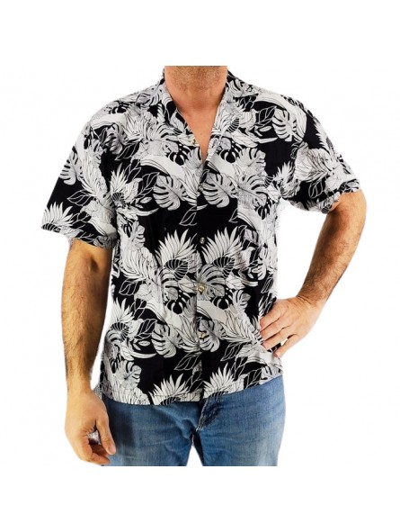Chemise hawaienne noir et blanche motif feuillage tropical