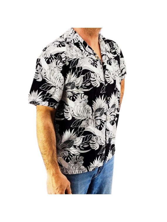 Chemise hawaienne noir et blanche motif feuillage tropical