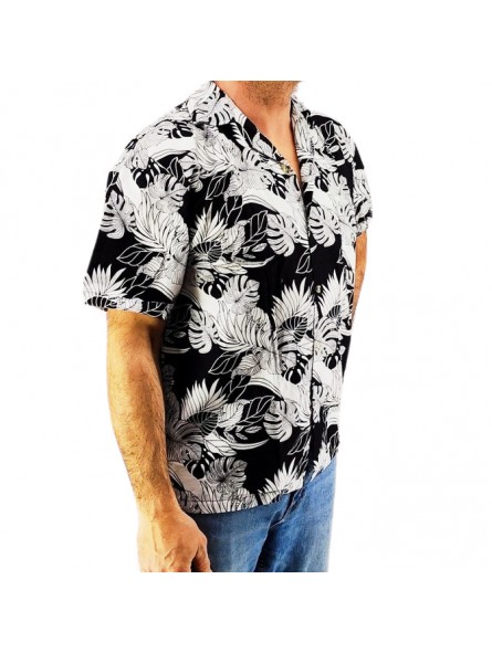 Chemise hawaienne noir et blanche motif feuillage tropical