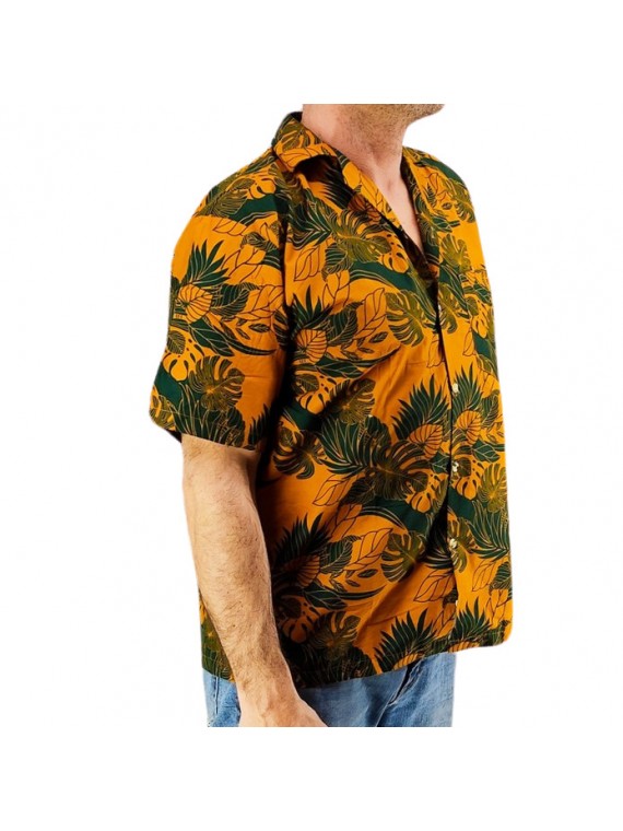 Chemise hawaienne couleur Moutarde vert canard motif chemin tropical