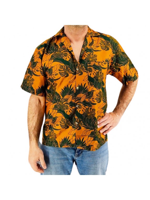 Chemise hawaienne couleur Moutarde vert canard motif chemin tropical