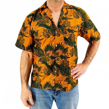 Chemise hawaienne Moutarde vert canard chemin tropical