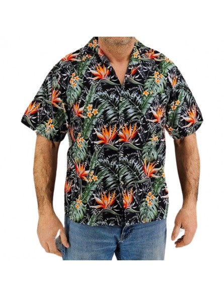 Chemise couleur noire motifs fleurs oiseaux du paradis