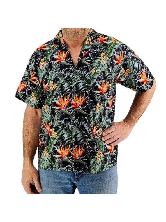Chemise couleur noire motifs fleurs oiseaux du paradis