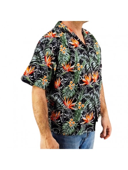 Chemise couleur noire motifs fleurs oiseaux du paradis