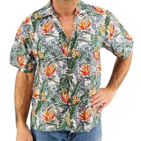 Chemise couleur blanche motifs fleurs oiseaux du paradis