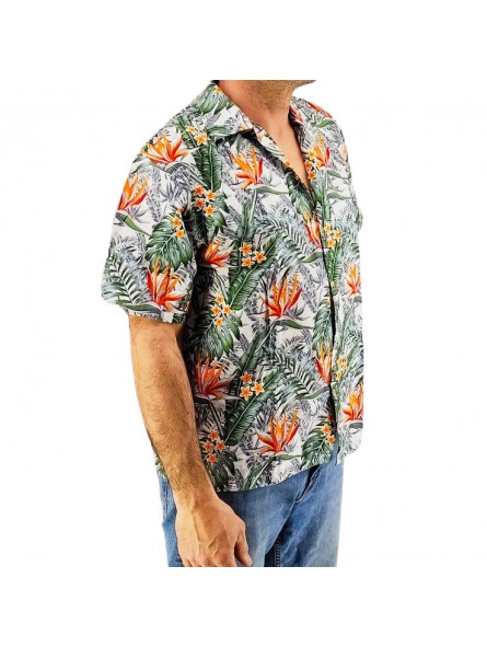 Chemise couleur blanche motifs fleurs oiseaux du paradis