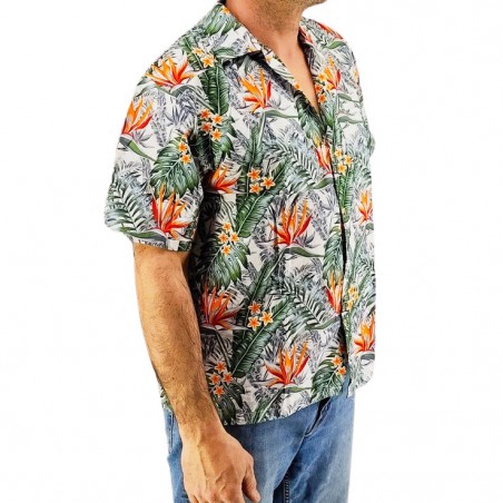 Chemise couleur blanche motifs fleurs oiseaux du paradis