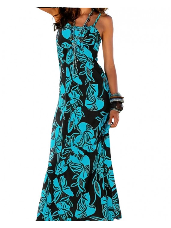Robe longue légère motifs feuillage couleur noir et turquoise