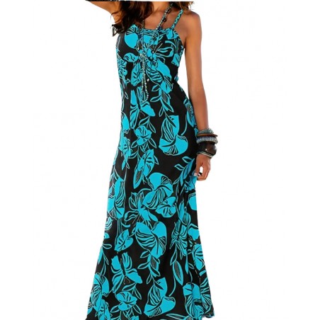 Robe longue légère motifs feuillage couleur noir et turquoise