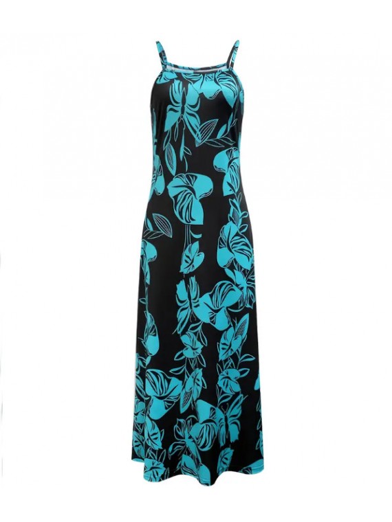 Robe longue légère motifs feuillage couleur noir et turquoise