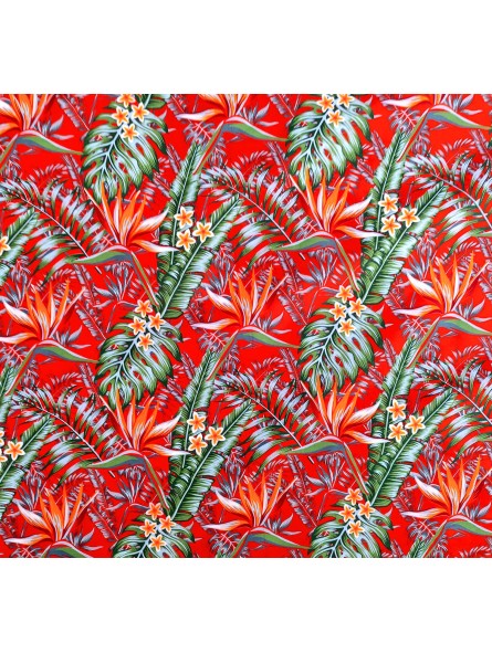 Tissu rouge motifs tropicals fleurs de paradis