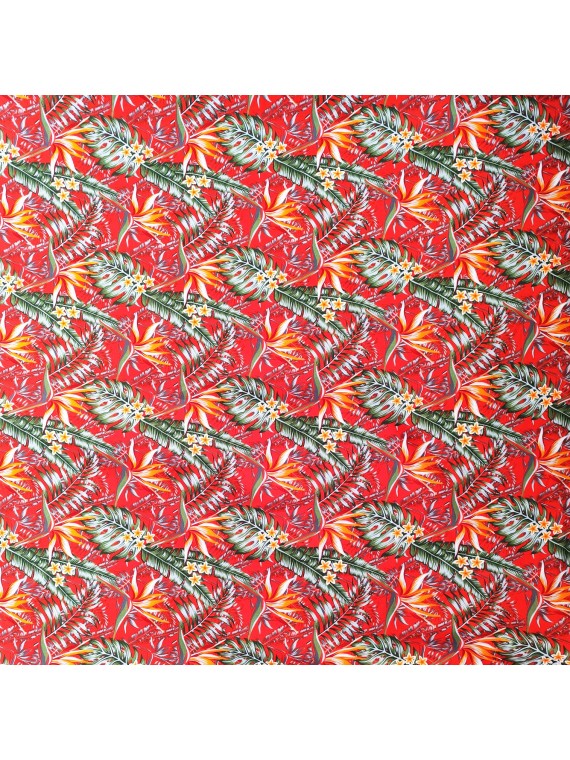 Tissu rouge motifs tropicals fleurs de paradis