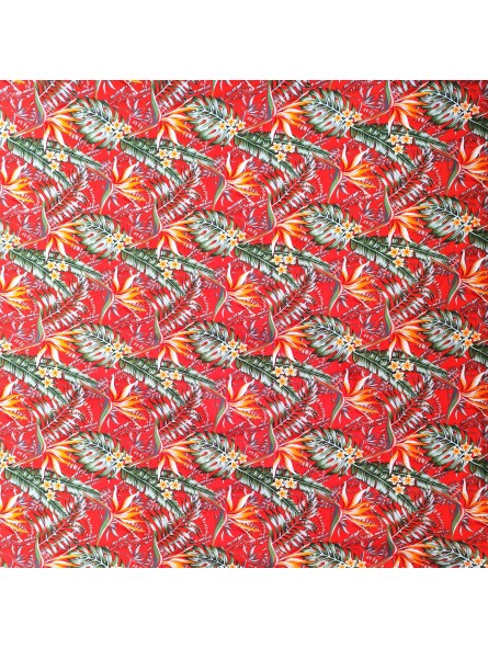 Tissu rouge motifs tropicals fleurs de paradis
