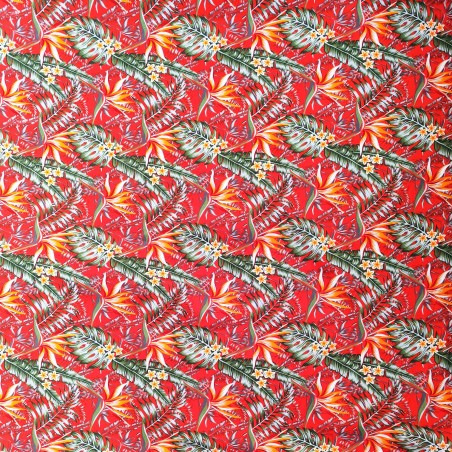 Tissu rouge motifs tropicals fleurs de paradis