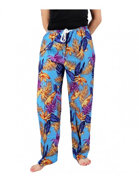 Pantalon de plage turquoise motifs feuillage