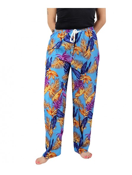 Pantalon de plage turquoise motifs feuillage