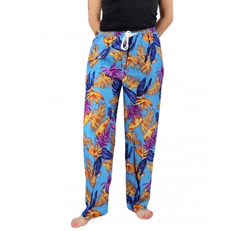 Pantalon de plage turquoise motifs feuillage