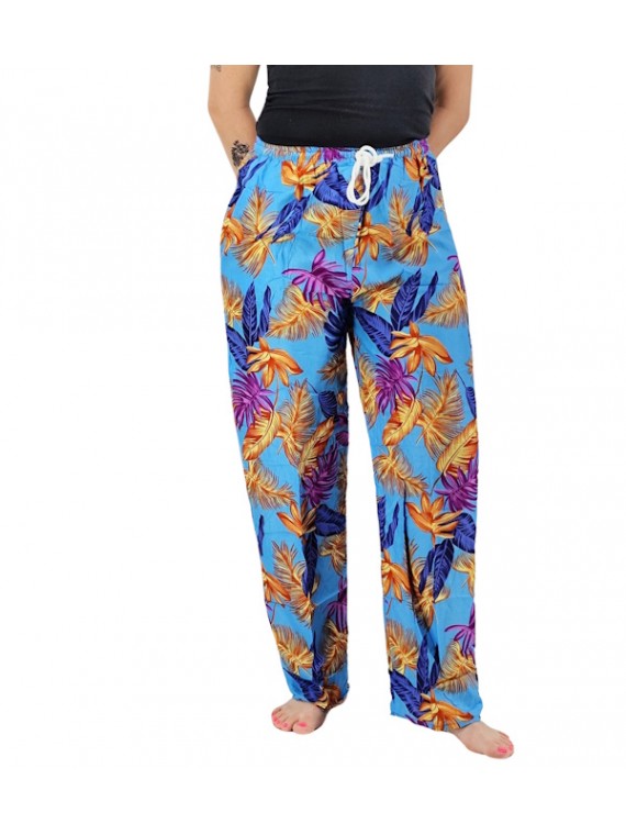 Pantalon de plage turquoise motifs feuillage