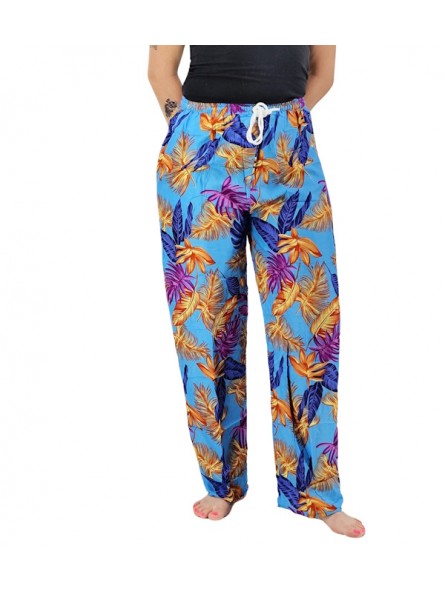 Pantalon de plage turquoise motifs feuillage
