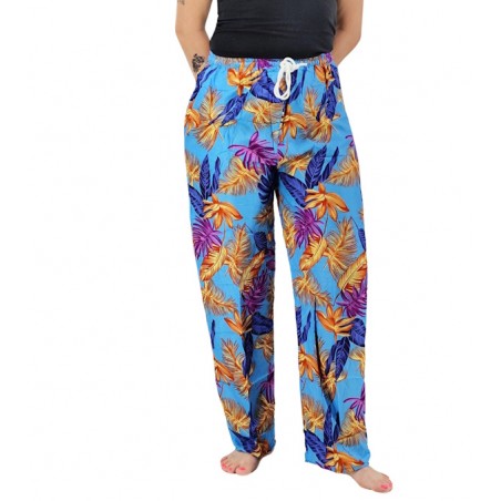 Pantalon de plage turquoise motifs feuillage