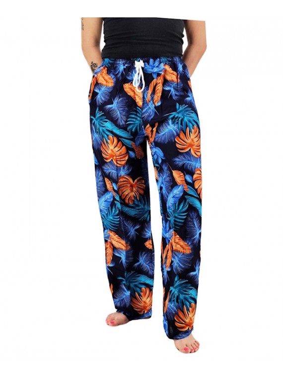 Pantalon de plage Noir et bleu motifs feuillage