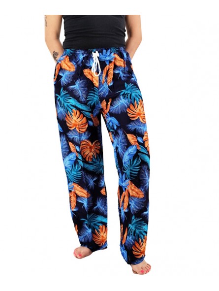 Pantalon de plage Noir et bleu motifs feuillage