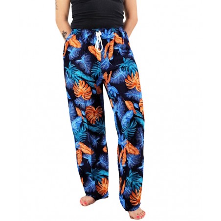 Pantalon de plage Noir et bleu motifs feuillage