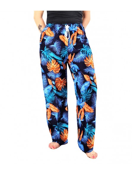 Pantalon de plage Noir et bleu motifs feuillage