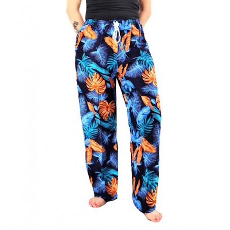 Pantalon de plage Noir et bleu motifs feuillage