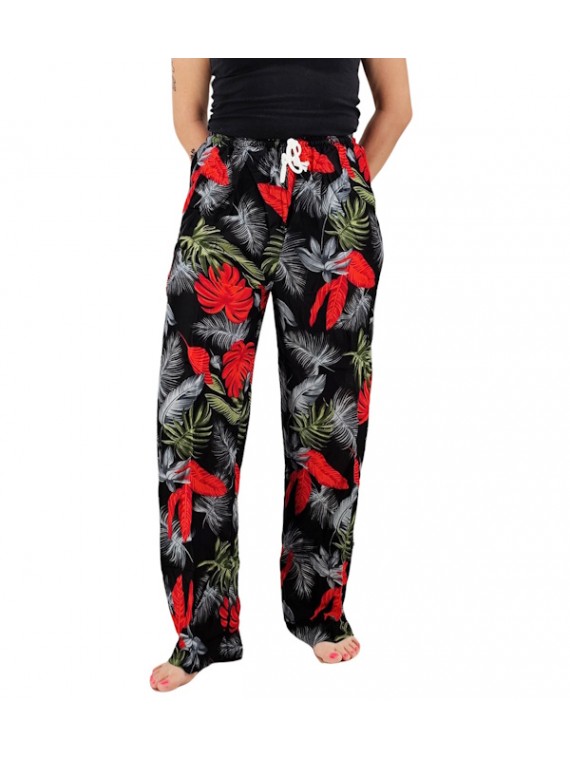 Pantalon de plage Noir et rouge motifs feuillage