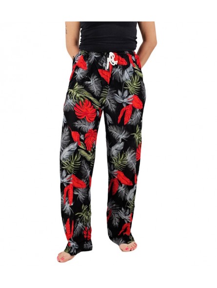 Pantalon de plage Noir et rouge motifs feuillage