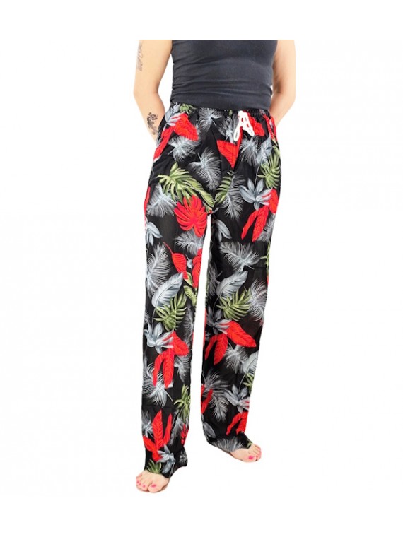 Pantalon de plage Noir et rouge motifs feuillage
