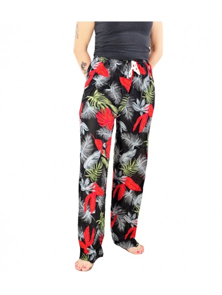 Pantalon de plage Noir et rouge motifs feuillage