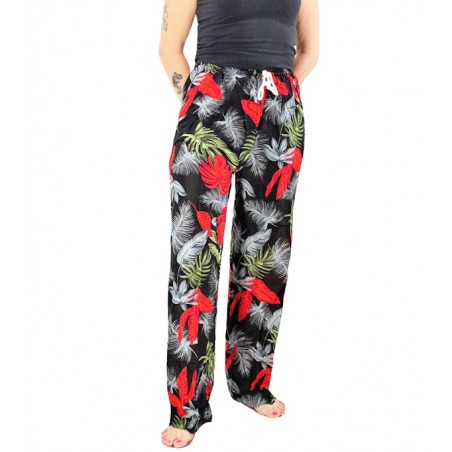 Pantalon de plage Noir et rouge motifs feuillage