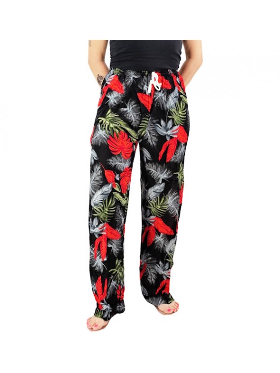 Pantalon de plage Noir et rouge motifs feuillage