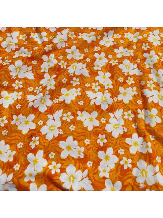 Tissu orange motif petites fleurs avec coeur jaune