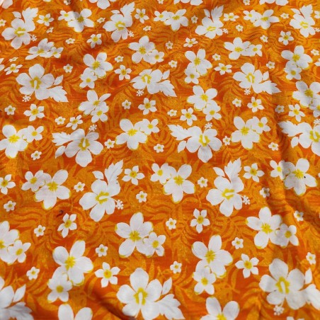 Tissu orange motif petites fleurs avec coeur jaune