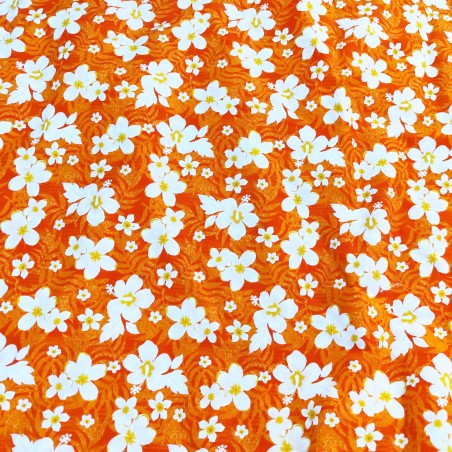 Tissu orange motif petites fleurs avec coeur jaune