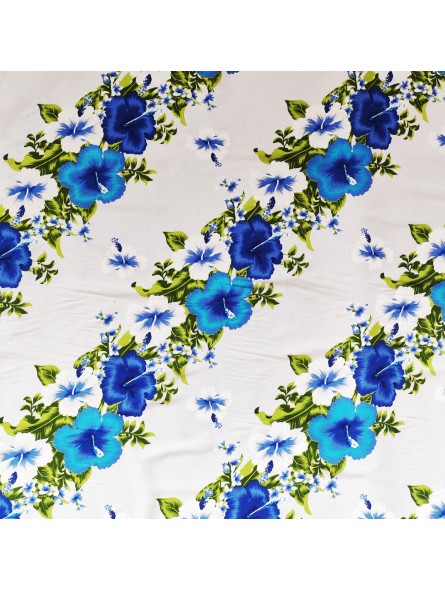 Tissu blanc et bleu Hawaïen frise fleurie