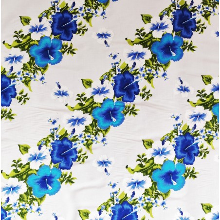 Tissu blanc et bleu Hawaïen frise fleurie
