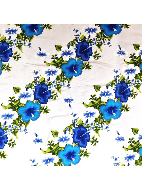 Tissu blanc et bleu Hawaïen frise fleurie