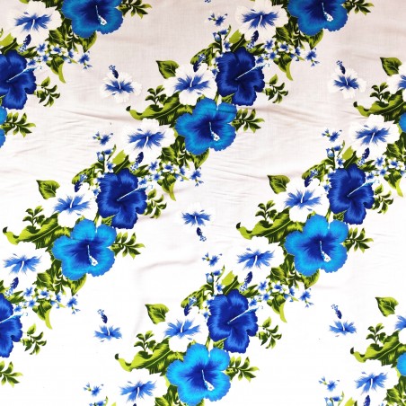 Tissu blanc et bleu Hawaïen frise fleurie