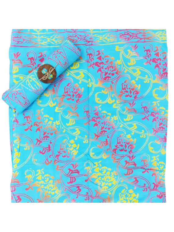 Paréo de plage facrication artisanal couleur  turquoise frise rosace jaune et rouge
