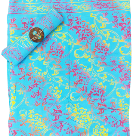Paréo de plage facrication artisanal couleur  turquoise frise rosace jaune et rouge