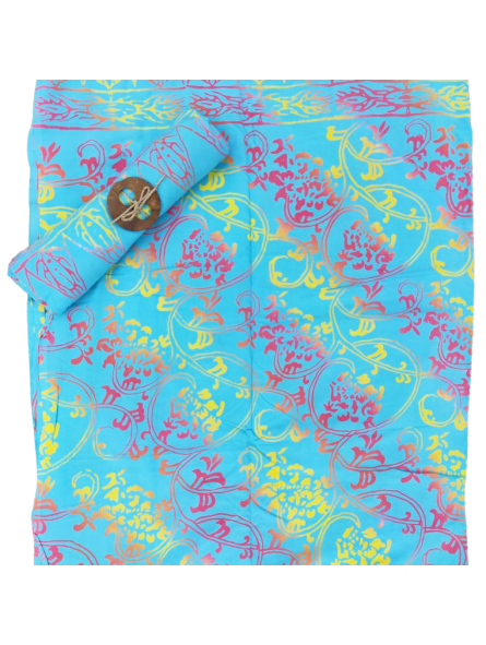 Paréo de plage facrication artisanal couleur  turquoise frise rosace jaune et rouge